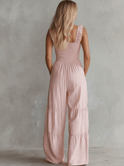 Casual Retro Ruffled Pink Sleeveless V-neck Button Cotton And Linen Jumpsuit