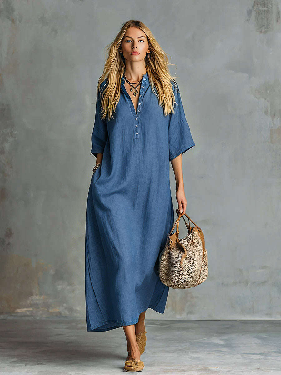 Retro Blue Tencel Denim Short-sleeved Maxi Dress