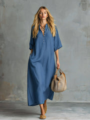 Retro Blue Tencel Denim Short-sleeved Maxi Dress