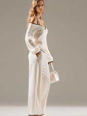Elegant Color-blocked White Halter-neck Long-sleeved Knit Top And Pants Set