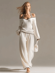 Elegant Color-blocked White Halter-neck Long-sleeved Knit Top And Pants Set