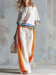 Casual Urban Style Contrast-Trimmed White T-Shirt & Wide-Leg Pants Cotton-Linen Set