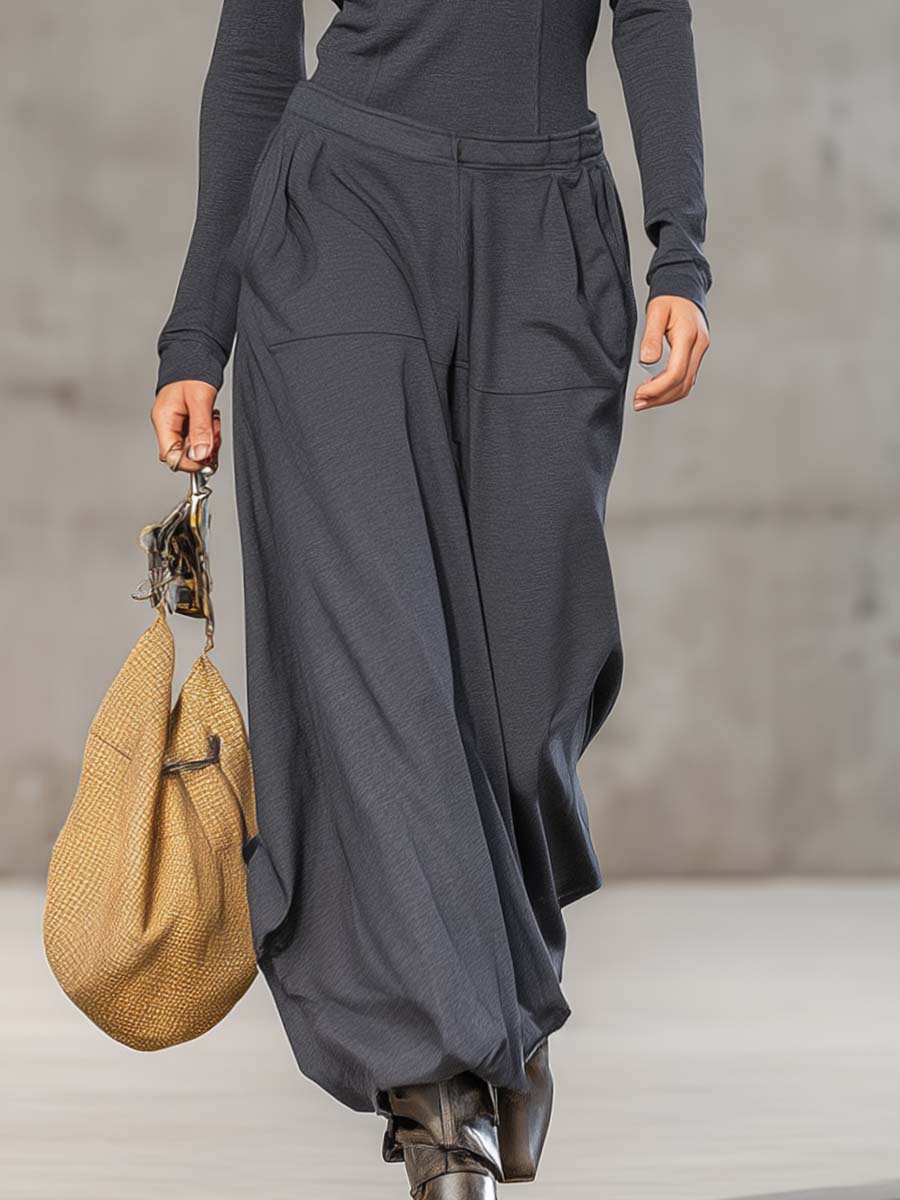 Casual Retro Sports Dark Gray Half-high Collar Front Zipper Long-sleeved Top And Wide Pants Set