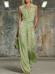 Retro Elegant Leopard Print Lapel Sleeveless Chiffon Top And Wide-leg Pants Set