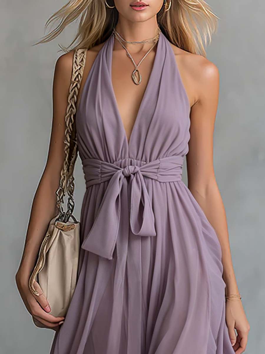 Elegant And Stylish Halter Neck V-neck Sleeveless Chiffon Maxi Dress