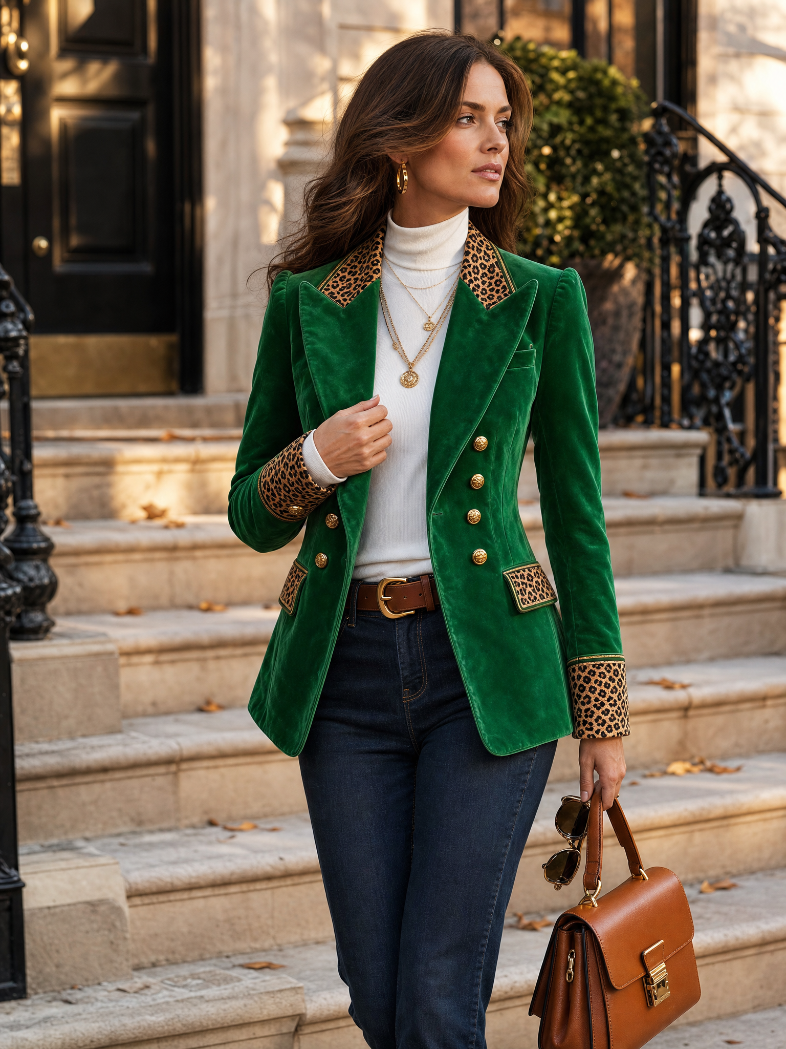 Emerald Velvet Leopard-Trim Peak-Lapel Double-Breasted Gold-Button Fitted Blazer Women