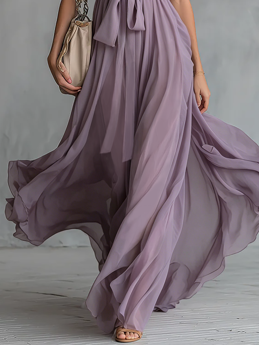 Elegant And Stylish Halter Neck V-neck Sleeveless Chiffon Maxi Dress