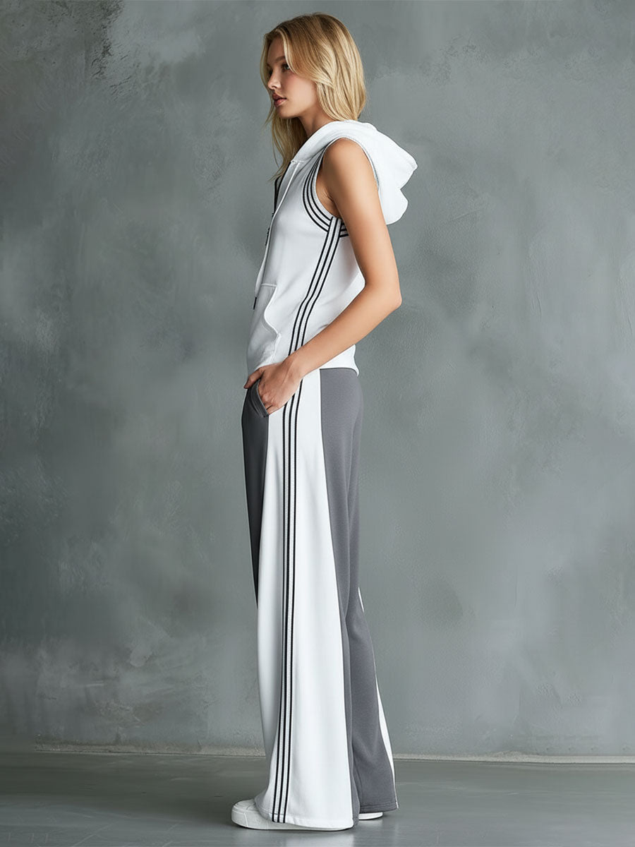 Casual Sporty Color-Block Hooded Sleeveless Top And Wide-Leg Pants Set
