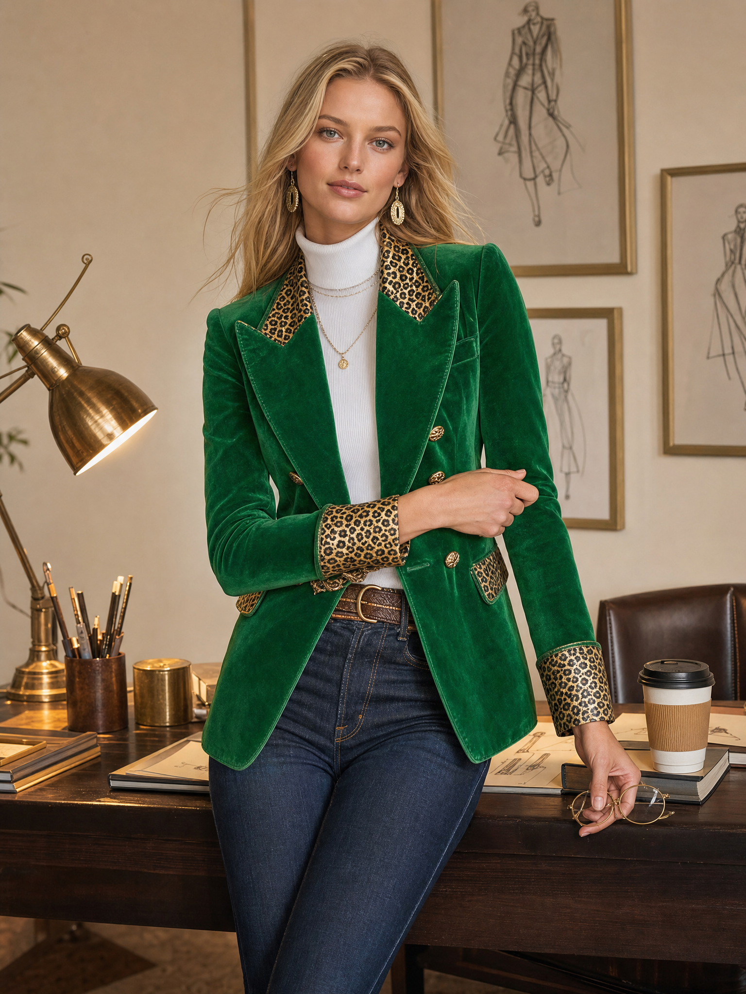 Emerald Velvet Leopard-Trim Peak-Lapel Double-Breasted Gold-Button Fitted Blazer Women