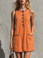 Casual Retro Color-blocked Trim Blue Sleeveless Round Neck Cotton Linen Mini Dress