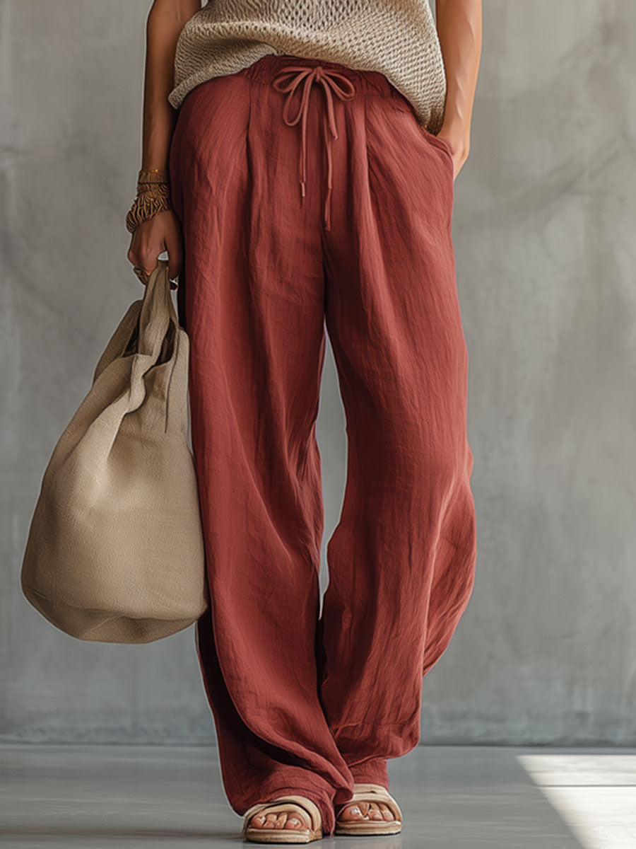 Retro Short-sleeved Knit Top And Brick Red Cotton Linen Wide-leg Pants Set