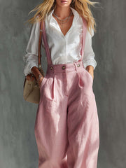 Elegant Vintage Versatile Pink Cotton And Linen Wide-leg Pants Overalls