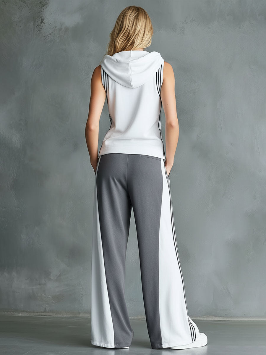 Casual Sporty Color-Block Hooded Sleeveless Top And Wide-Leg Pants Set