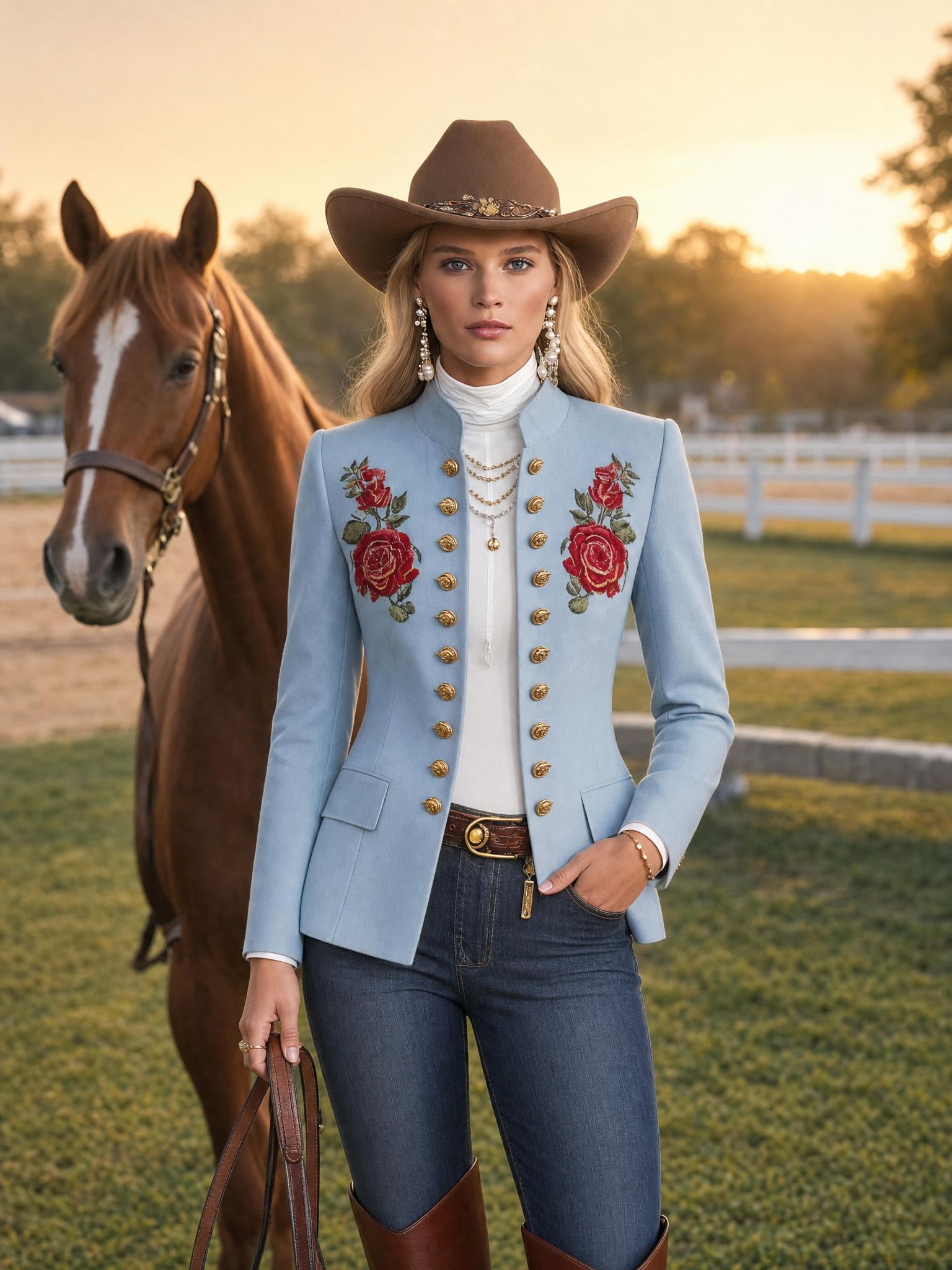 Light Blue Rose-Embroidered Stand-Collar Gold-Button Fitted Military Blazer Women