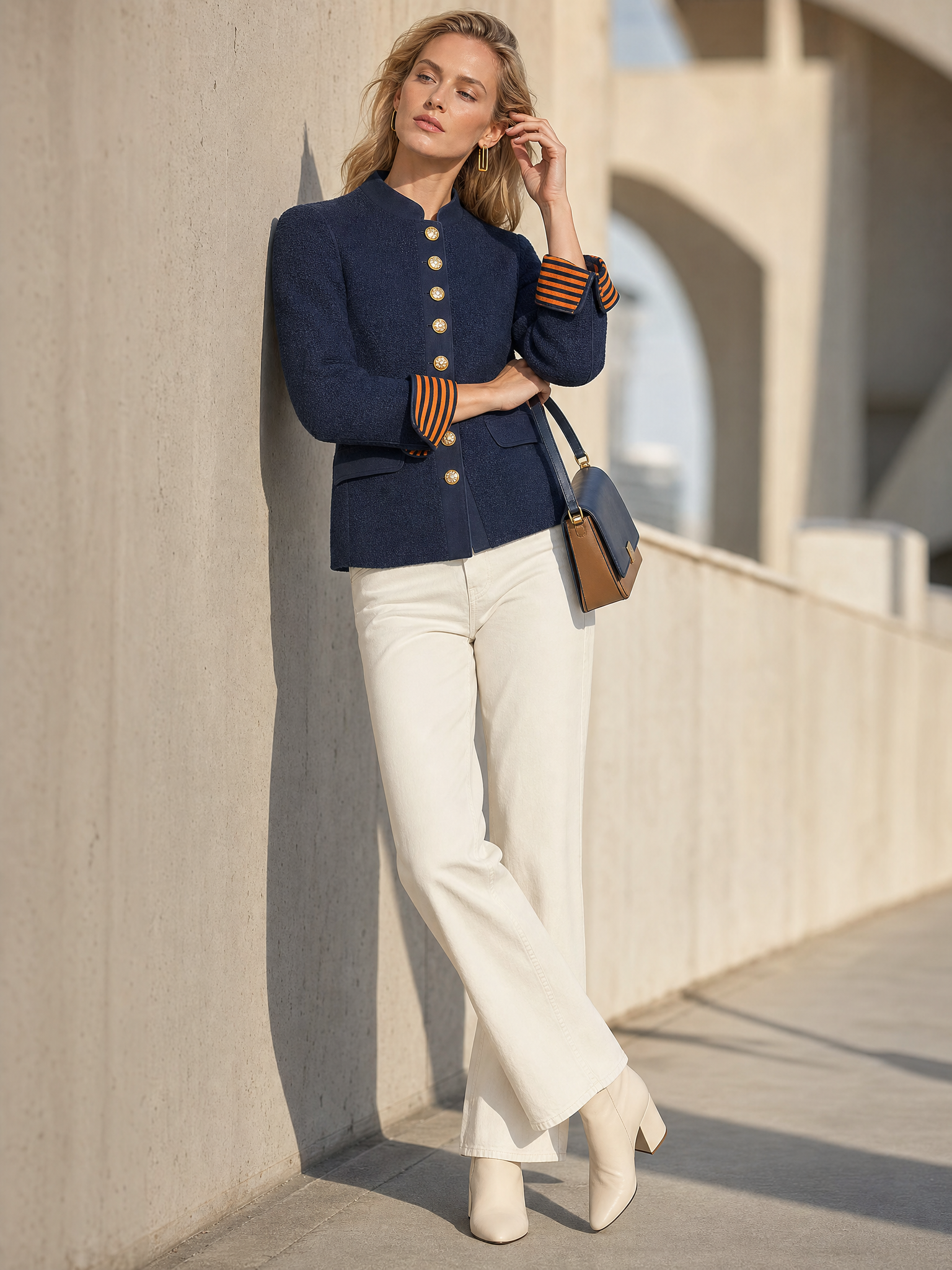 Navy Knit Stand-Collar Gold-Button Fitted Military Sweater Blazer Jacket Women