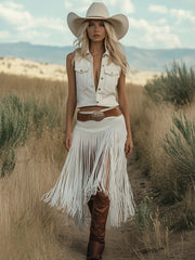 Retro Premium Western Style Brown Belt White Suede Tassel Skirt