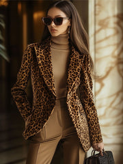 Casual Vintage Velvet Leopard Print Lapel Pocket Blazer