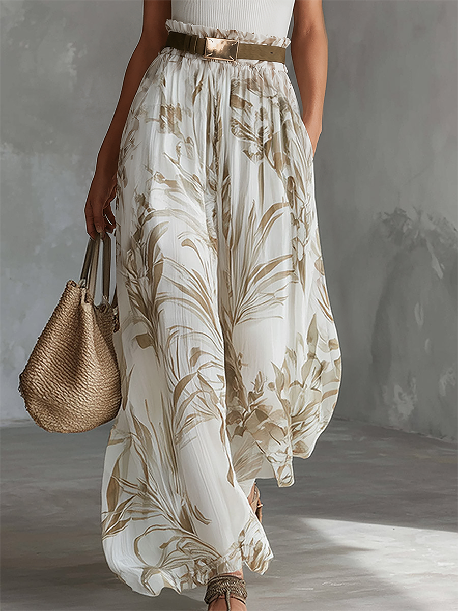 Elegant White  Printed Chiffon Wide-Leg Pants