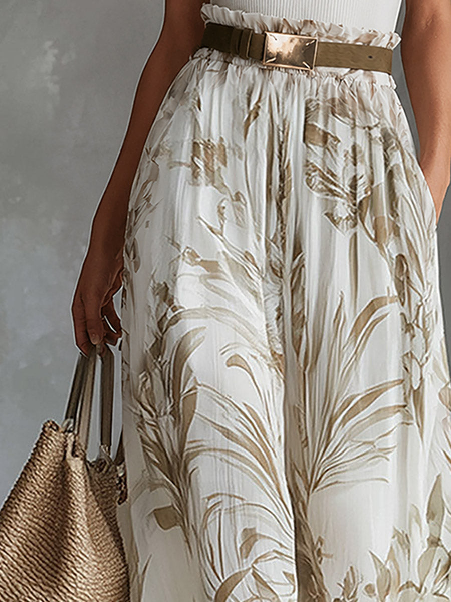 Elegant White  Printed Chiffon Wide-Leg Pants