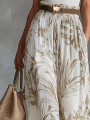 Elegant White  Printed Chiffon Wide-Leg Pants