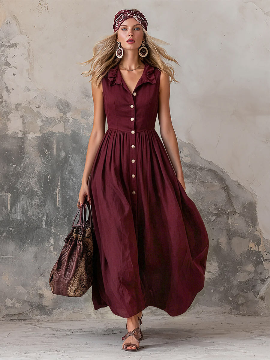 Elegant Zinfandel-colored Cotton And Linen Sleeveless Maxi Dress