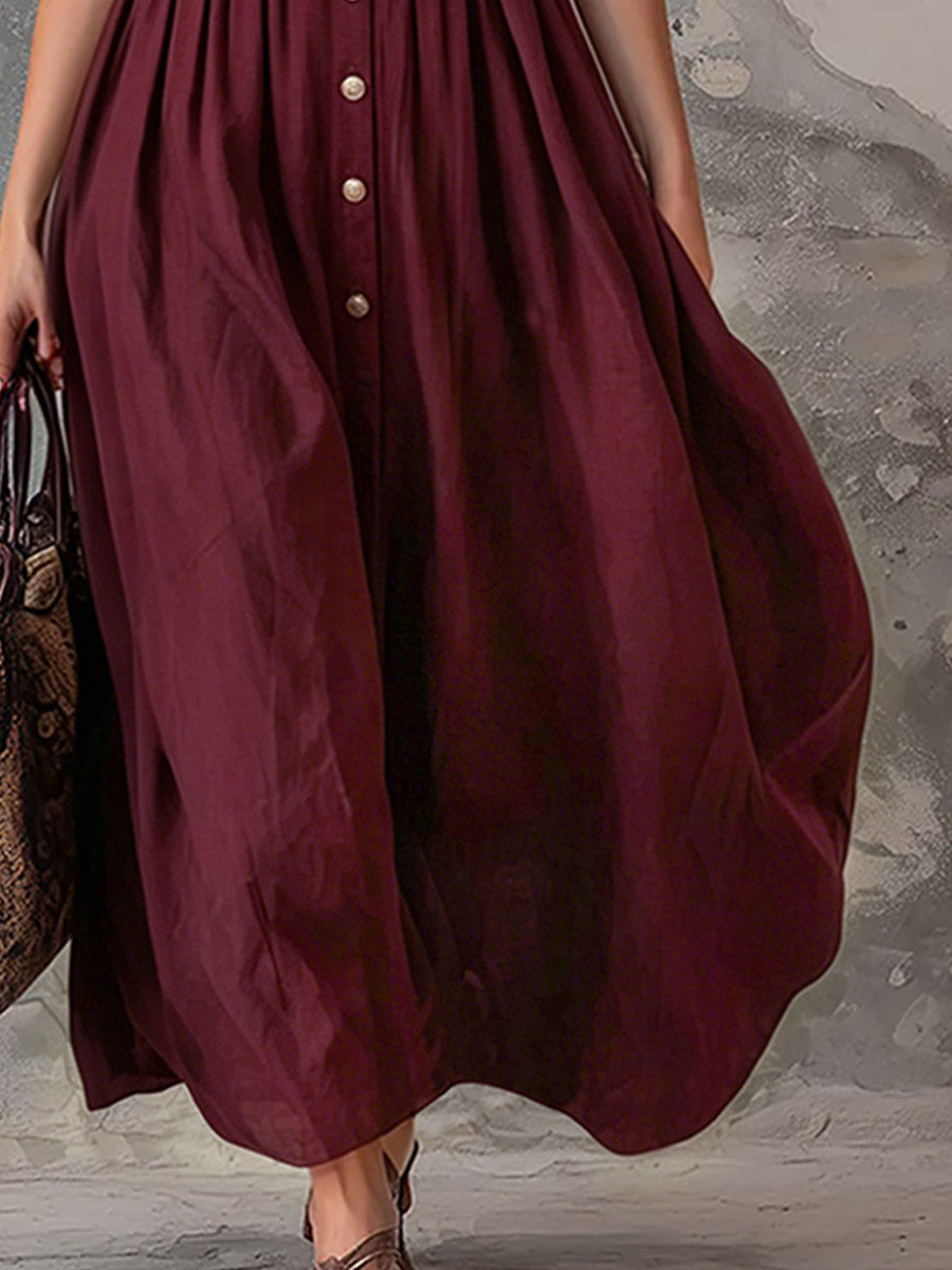 Elegant Zinfandel-colored Cotton And Linen Sleeveless Maxi Dress