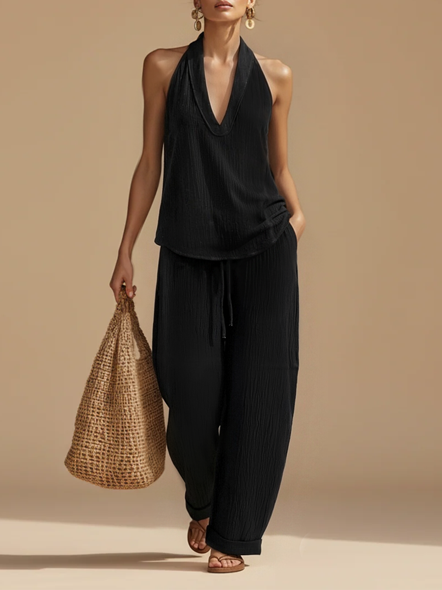 Casual Urban Style White Linen V-neck Sleeveless Top And Wide Leg Pants Set