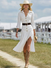 Fashion Casual Button-decorated White Slit Midi Dress