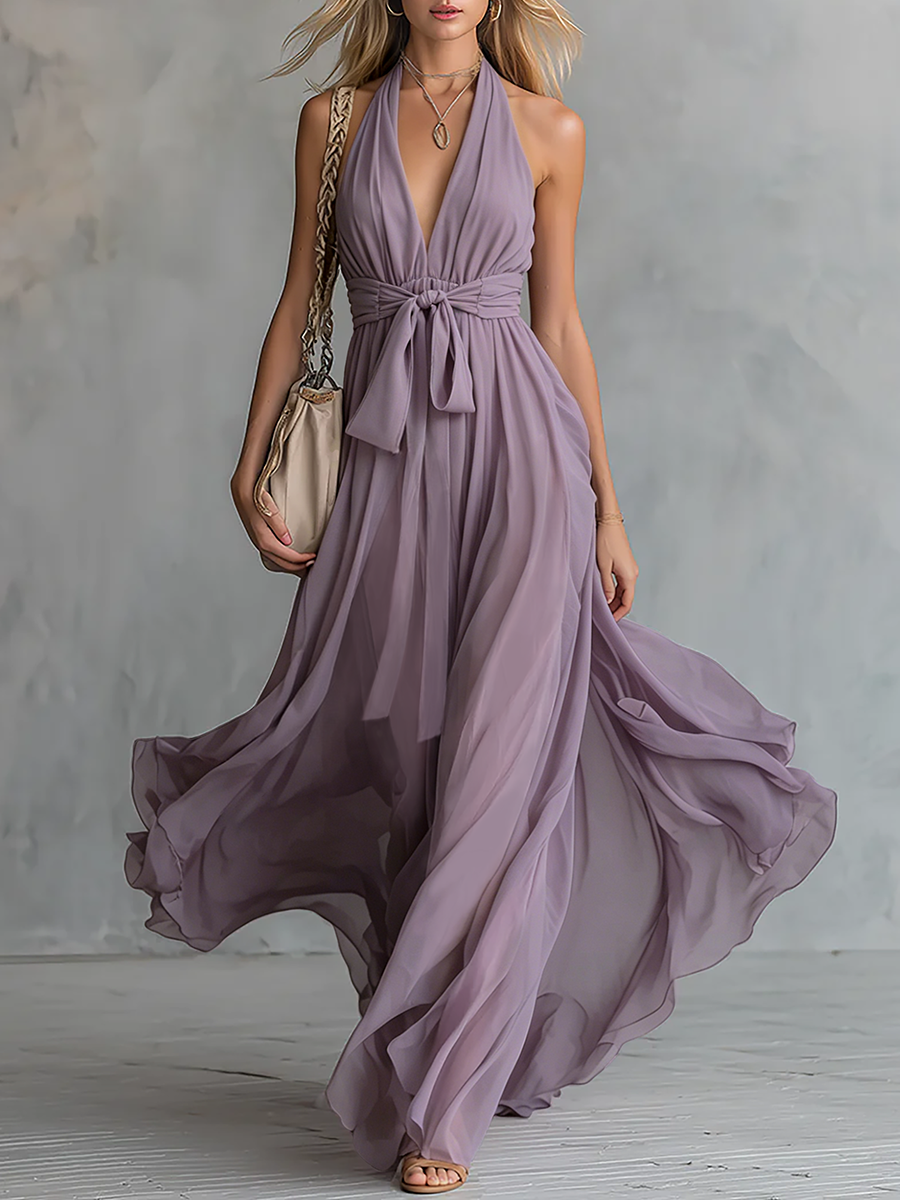 Elegant And Stylish Halter Neck V-neck Sleeveless Chiffon Maxi Dress