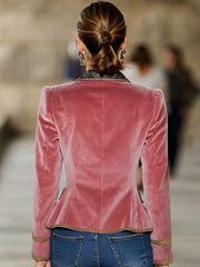Pink Velvet Collar Lace And Gold Ribbon Blazer