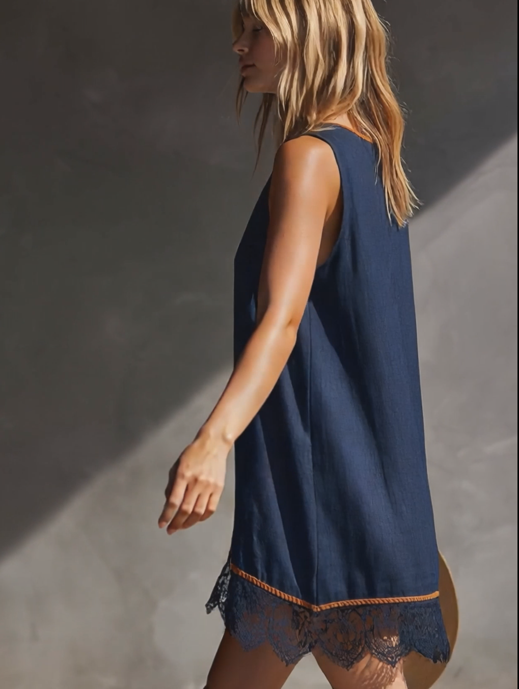 Casual Vacation V-Neck Front Buttons Lace Hem Dark Blue Cotton-Linen Mini Dress
