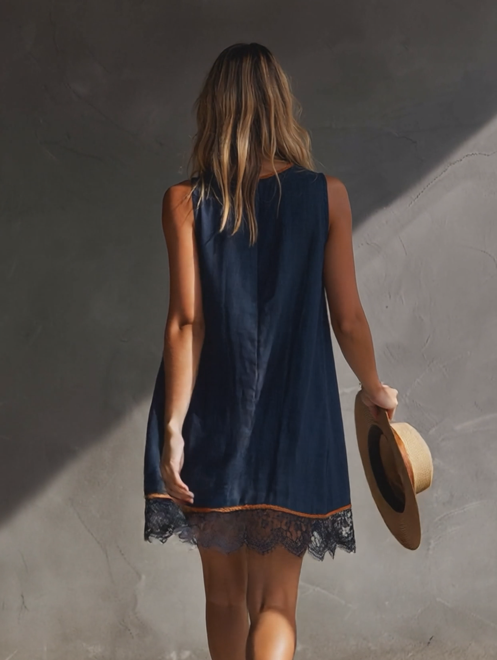 Casual Vacation V-Neck Front Buttons Lace Hem Dark Blue Cotton-Linen Mini Dress